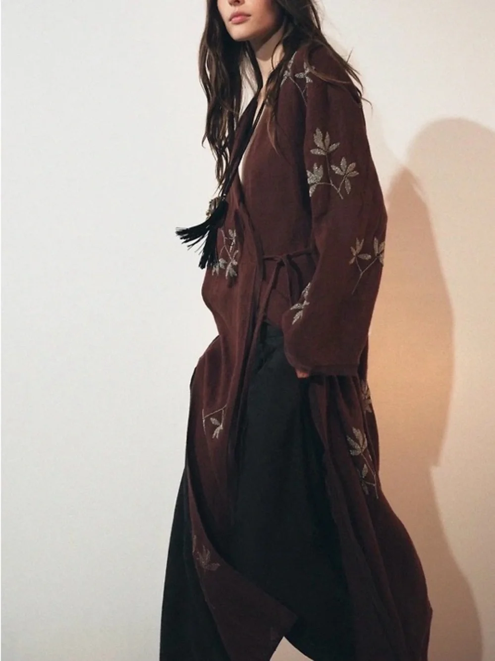 Zara Brown Embroidered Tie-Front Cape